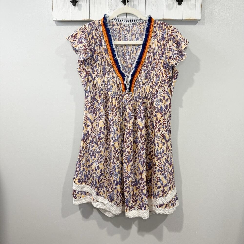 Poupette St Barth Sasha Mini Dress XS Blue Floral Crochet Boho Resort EUC